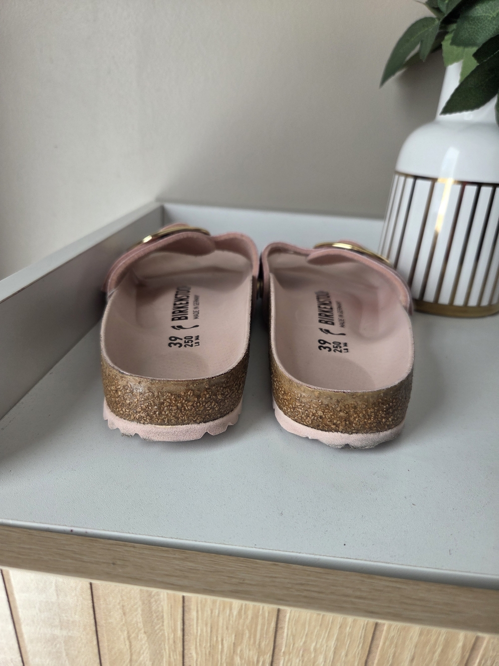 Birkenstock Pink Slide Sandals with Gold Buckles - Picture 10 of 16
